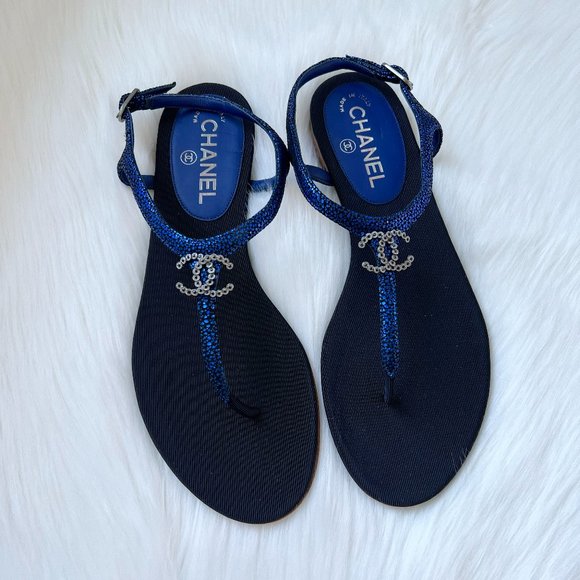 CHANEL, Shoes, Chanel Womens Blue Thong Ankle Strap Sandal Size 385